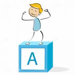 Illustrated Boy Celebrating atop a Letter A on a Cube